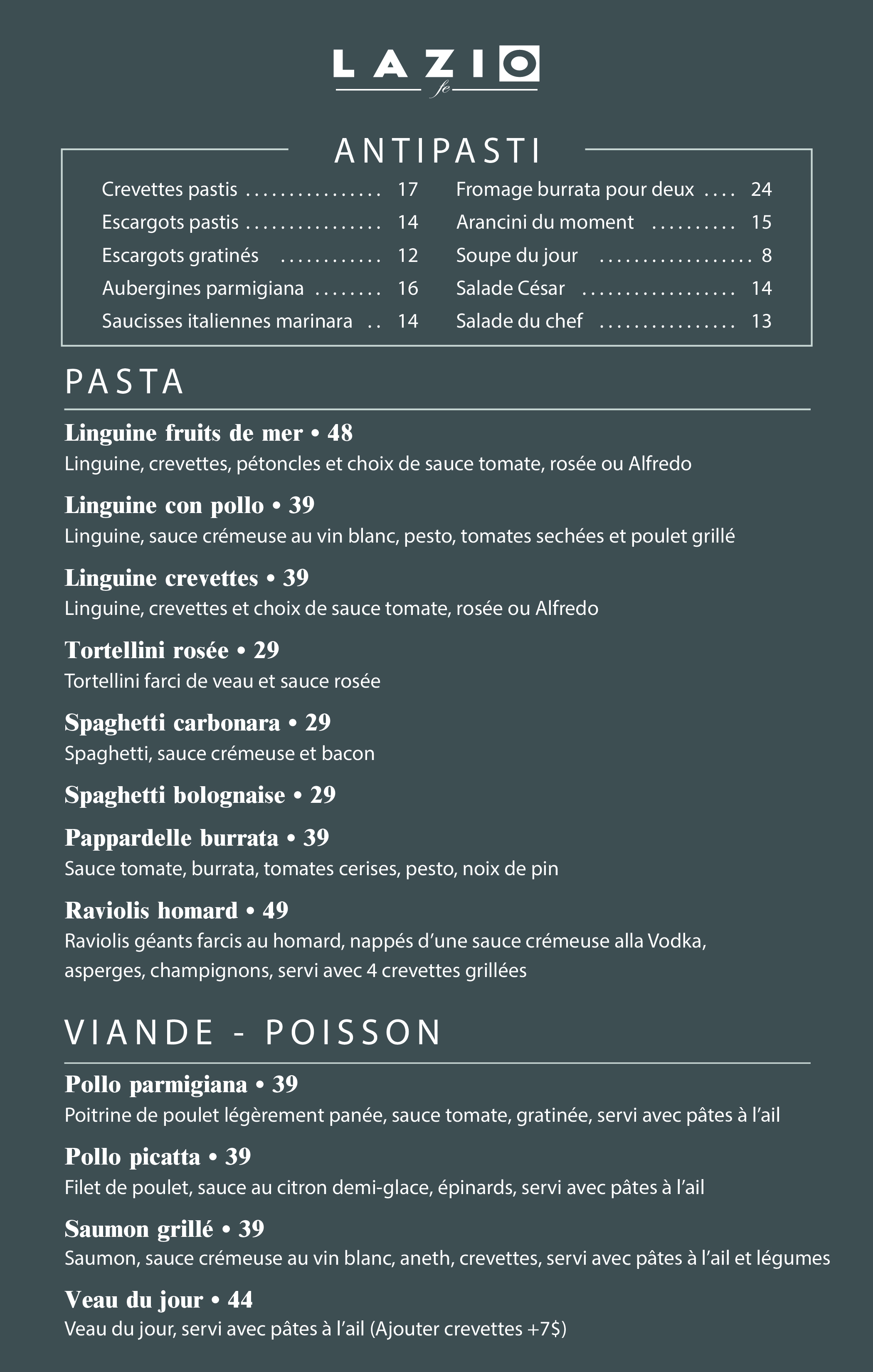 dinner menu