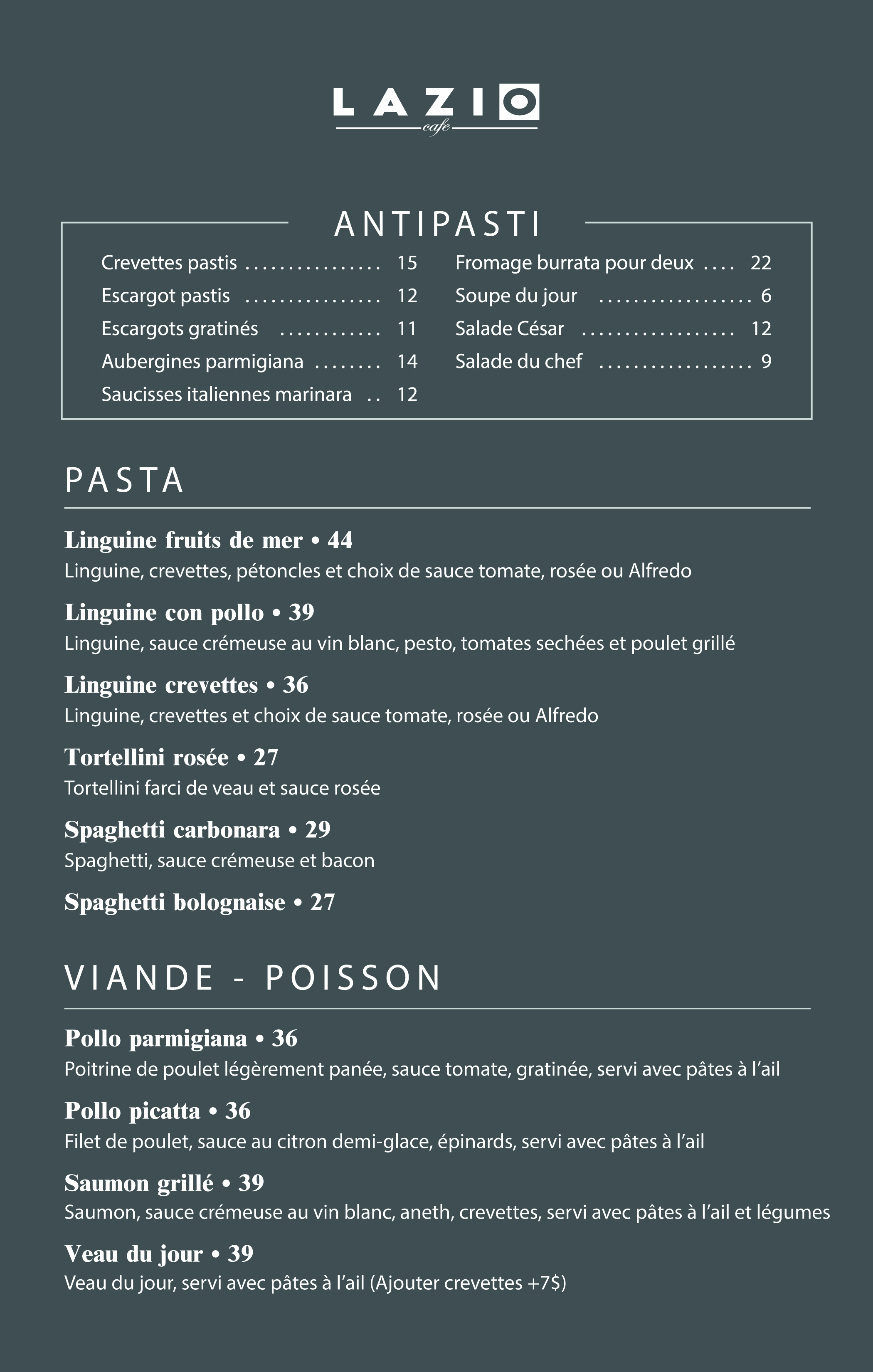 dinner menu